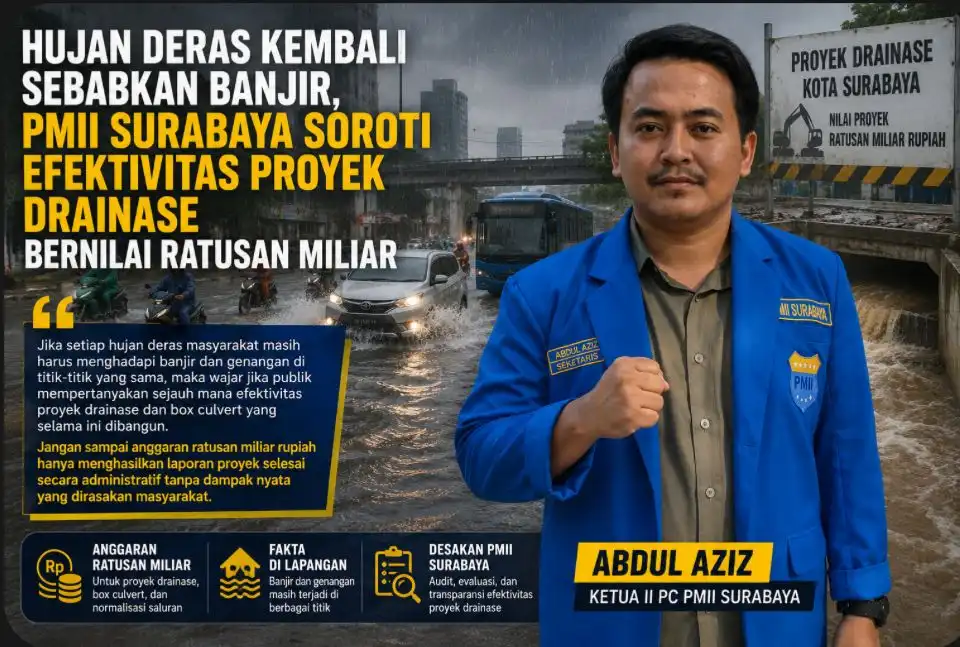 Hujan Deras Kembali Sebabkan Banjir, PMII Surabaya Soroti Efektivitas Proyek Drainase Bernilai Ratusan Miliar